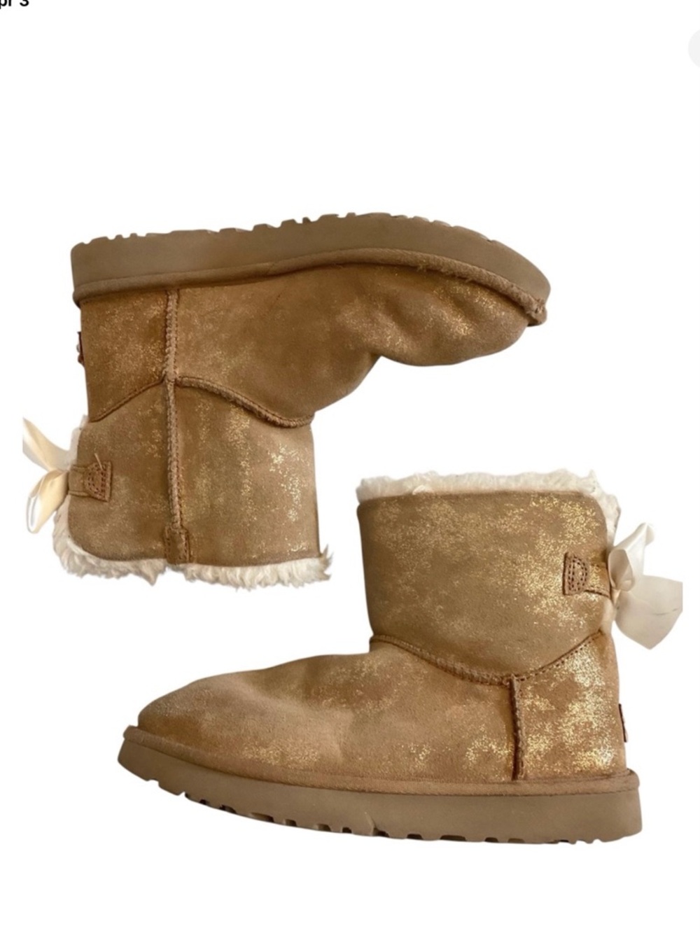 UGG 6 Mini Bailey Bow Glimmer Gold Tan Ankle Boots Women’s Suede Shearling